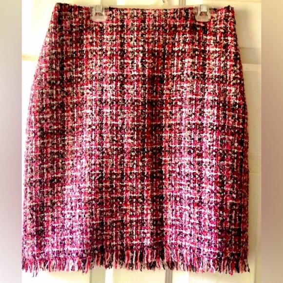Talbots Gray Plum Purple Orange Mix Tweed Fringe Hem Skirt Size 2 XS Wool Blend - Picture 1 of 3